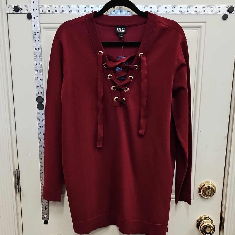 INC, Concepts, Lace-Up, Knit Tunic, Sweater, Wine Red, Office, Casual, School